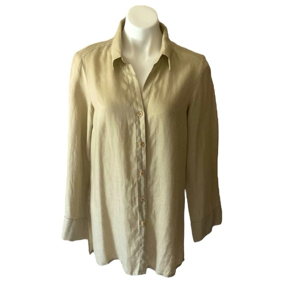 Rafaella Women’s Tan 100% Linen Button Down Shirt Size 10 Lagenlook Oversized - Picture 1 of 7